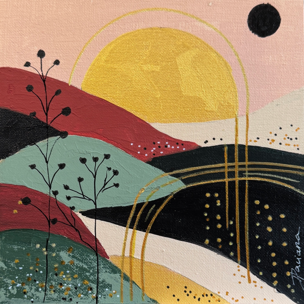 Resonance — abstract landscape with a golden sun, curved lines and delicate plants, by Daciana Androne